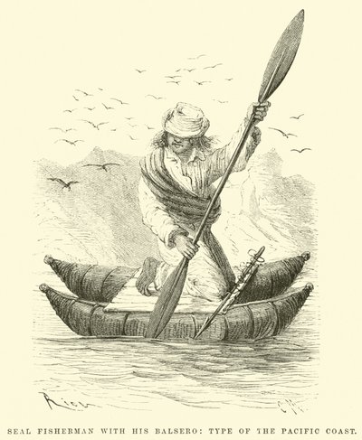 Seal Fisherman with his Balsero, Type of the Pacific Coast by Edouard Riou